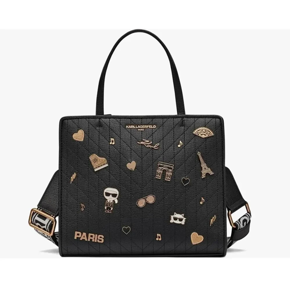NWT~KARL LAGERFELD Women's Black/Gold Maybelle Pins Satchel Handbag Purse